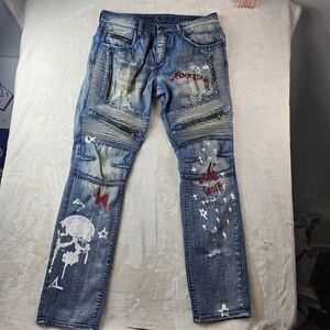 Rockstar Jeans Men's 34 Blue Distressed Denim Graphic Painted Art Graffiti